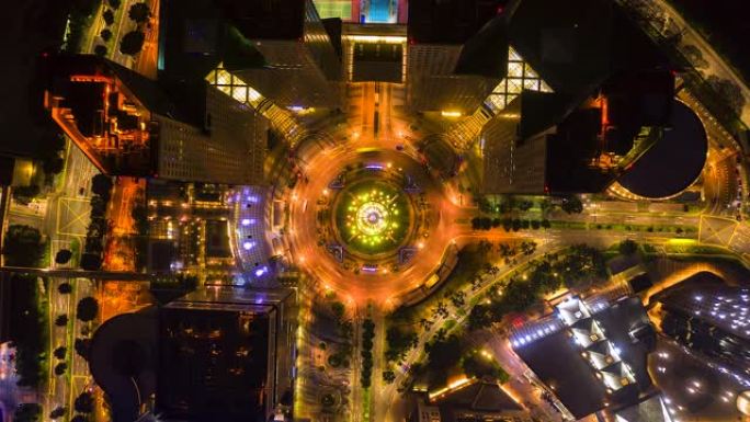 鸟瞰图的时间流逝和新加坡夜间圆圈中的交通