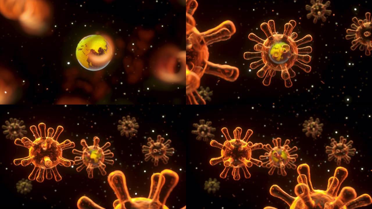 巨核的动画病毒细胞在生物体中扩散和漂浮。概念世界健康警告恐吓传播感染。细菌流行的彩色医学影像。隔离病