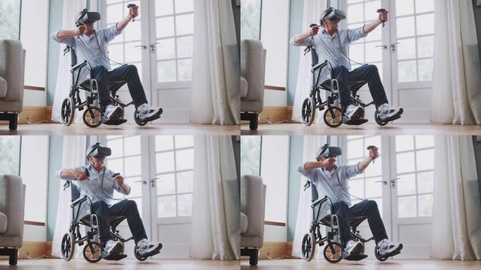 坐在轮椅上的高级残疾人在家中戴着虚拟现实耳机，手持游戏控制器