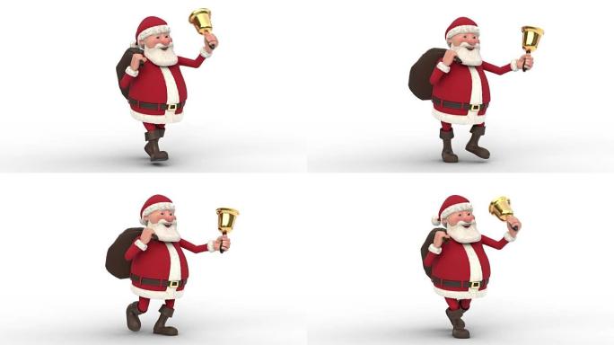 走在白色背景上的圣诞老人。无缝循环3d动画