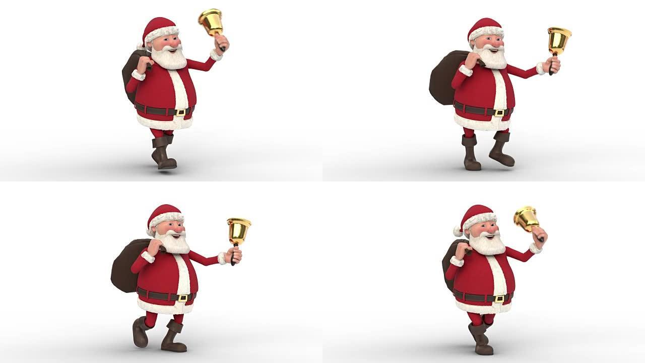 走在白色背景上的圣诞老人。无缝循环3d动画