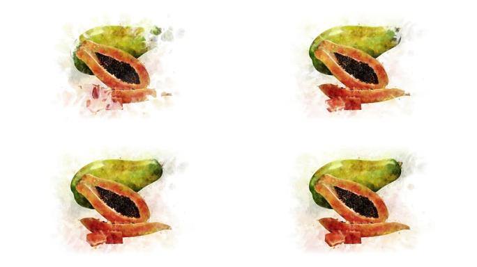 木瓜，动画插图水墨晕染风格动态视频效果插