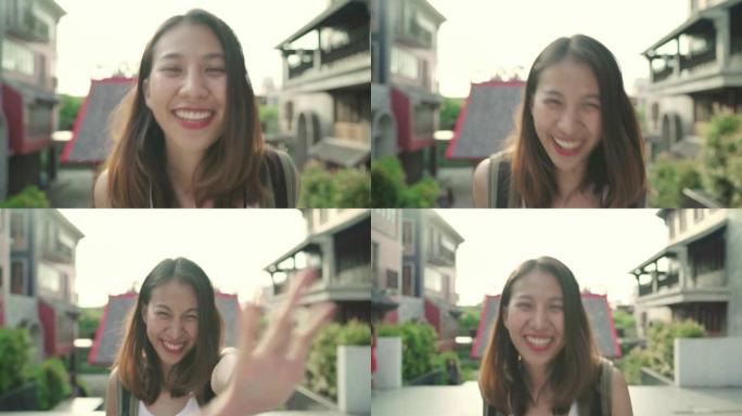亚洲背包客女人在中国北京旅行感到快乐，开朗美丽的年轻少年博客女性在唐人街散步。生活方式背包旅游度假概
