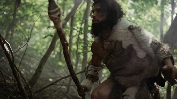 原始穴居人的肖像在史前森林中穿着动物皮和毛皮，用石尖矛狩猎。史前尼安德特人潜入准备将长矛扔进动物体内