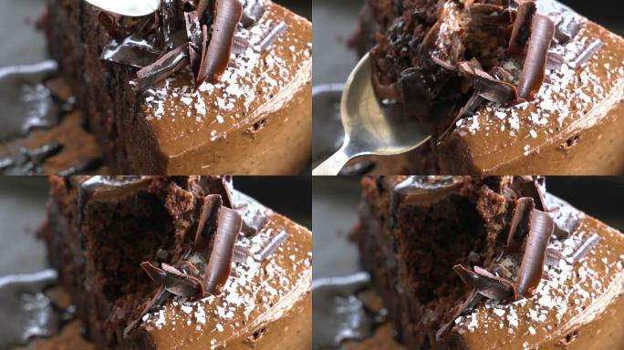 向上倾斜切巧克力蛋糕特写。