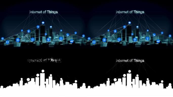 向前移动，智能城市上的各种物联网传感器图标，连接 “物联网” 的智能建筑。4k。