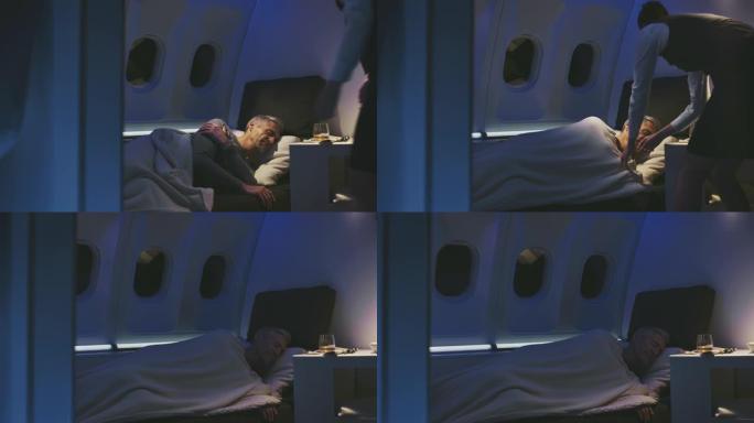 商人睡在私人飞机上