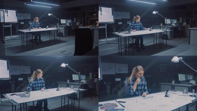 坐在办公桌前的女工程师将蓝图放在桌子上，使用铅笔，尺子和数字平板电脑，并喝咖啡。在黑暗的工业设计工程