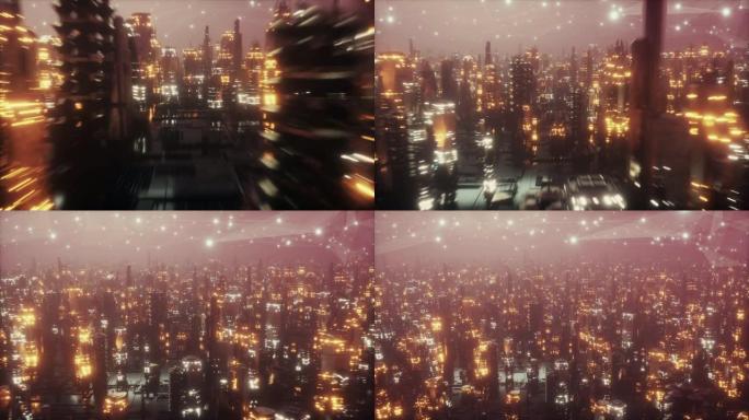 雾中夜晚的未来城市