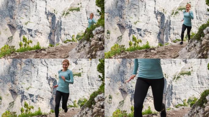 适合在山区多岩石小径上奔跑的女跑步者