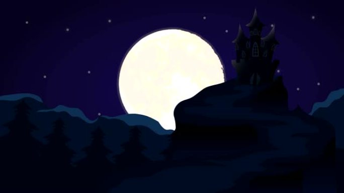 带有大月亮和恐怖城堡的夜景，动画