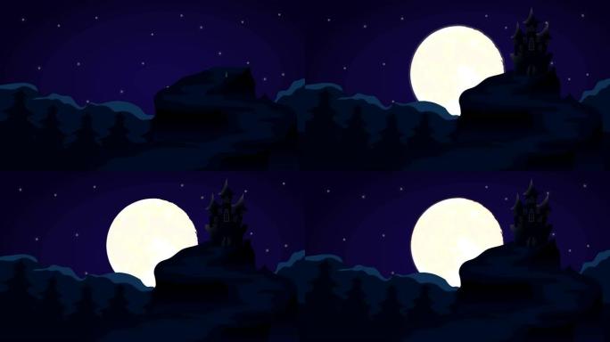 带有大月亮和恐怖城堡的夜景，动画