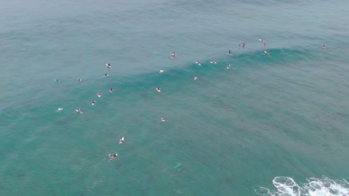 空中: 在一群冲浪者上方飞来飞去，划着队伍来驾驭大浪。