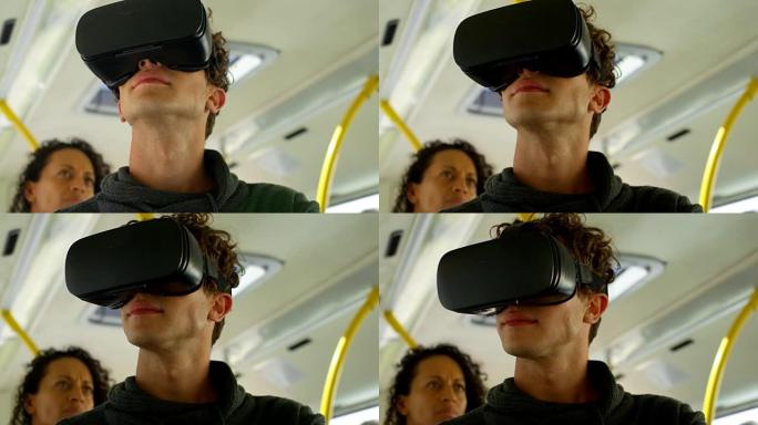 乘坐4k公交车时使用虚拟现实耳机的男性通勤者
