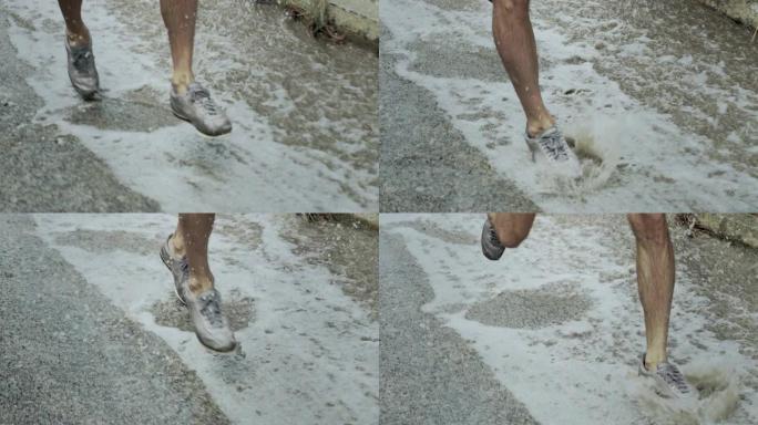 一名运动青年慢跑的特写腿部镜头