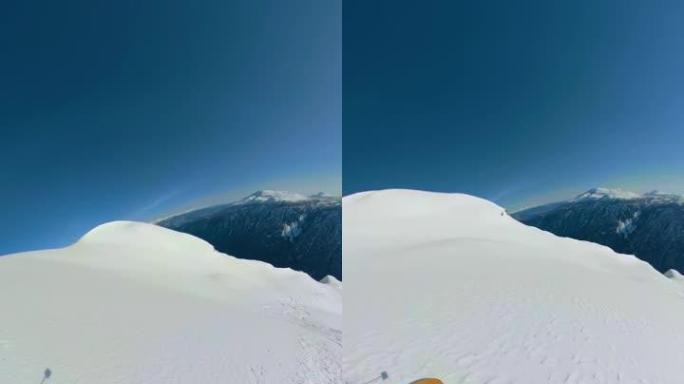 POV: 在阳光明媚的加拿大令人叹为观止的山脉中切碎新鲜的粉末雪