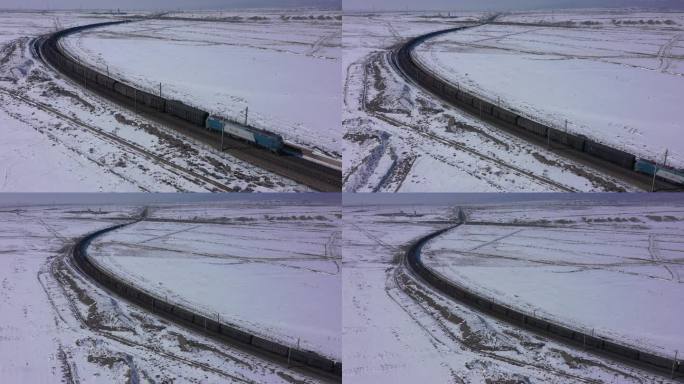 航拍荒原雪地货运火车