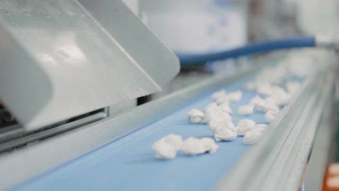 关闭饺子工厂自动机器生产过程的镜头。新鲜的生水球落在传送带上。在食品工厂运行的工业机械。