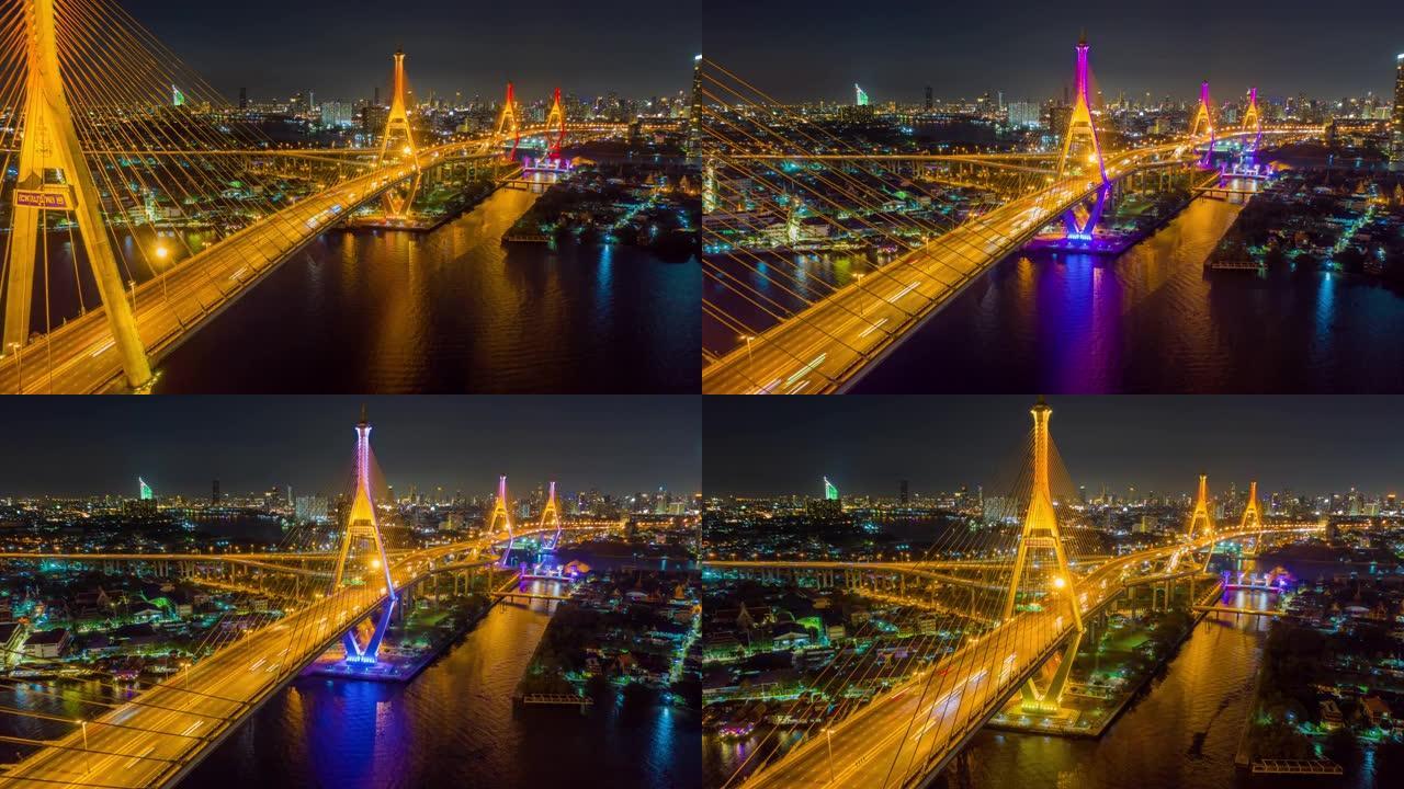 空中观看普密蓬大桥工业环桥两次穿越湄南河的超延时或延时
