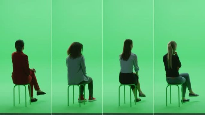 4合1绿屏拼贴画: 四位不同背景，种族，不同年龄，风格的美女坐在色度钥匙椅子上。侧面后视图分屏。多个