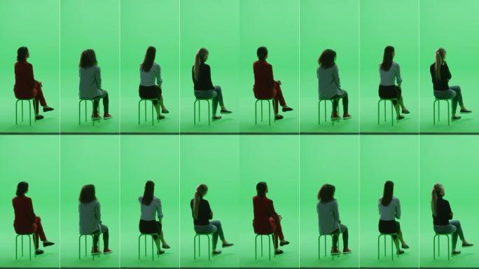 4合1绿屏拼贴画: 四位不同背景，种族，不同年龄，风格的美女坐在色度钥匙椅子上。侧面后视图分屏。多个