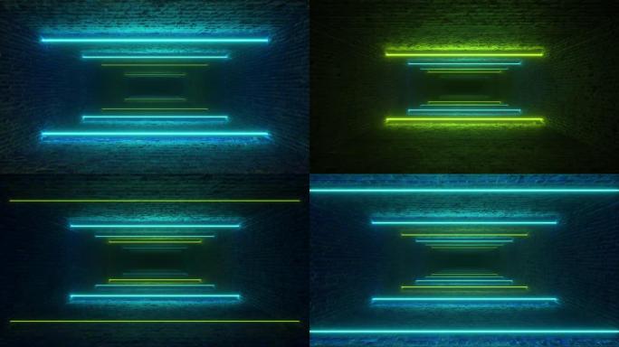 飞过发光的霓虹灯线创造砖隧道，绿色蓝色光谱，荧光紫外线，现代七彩照明，4k无缝循环cg动画