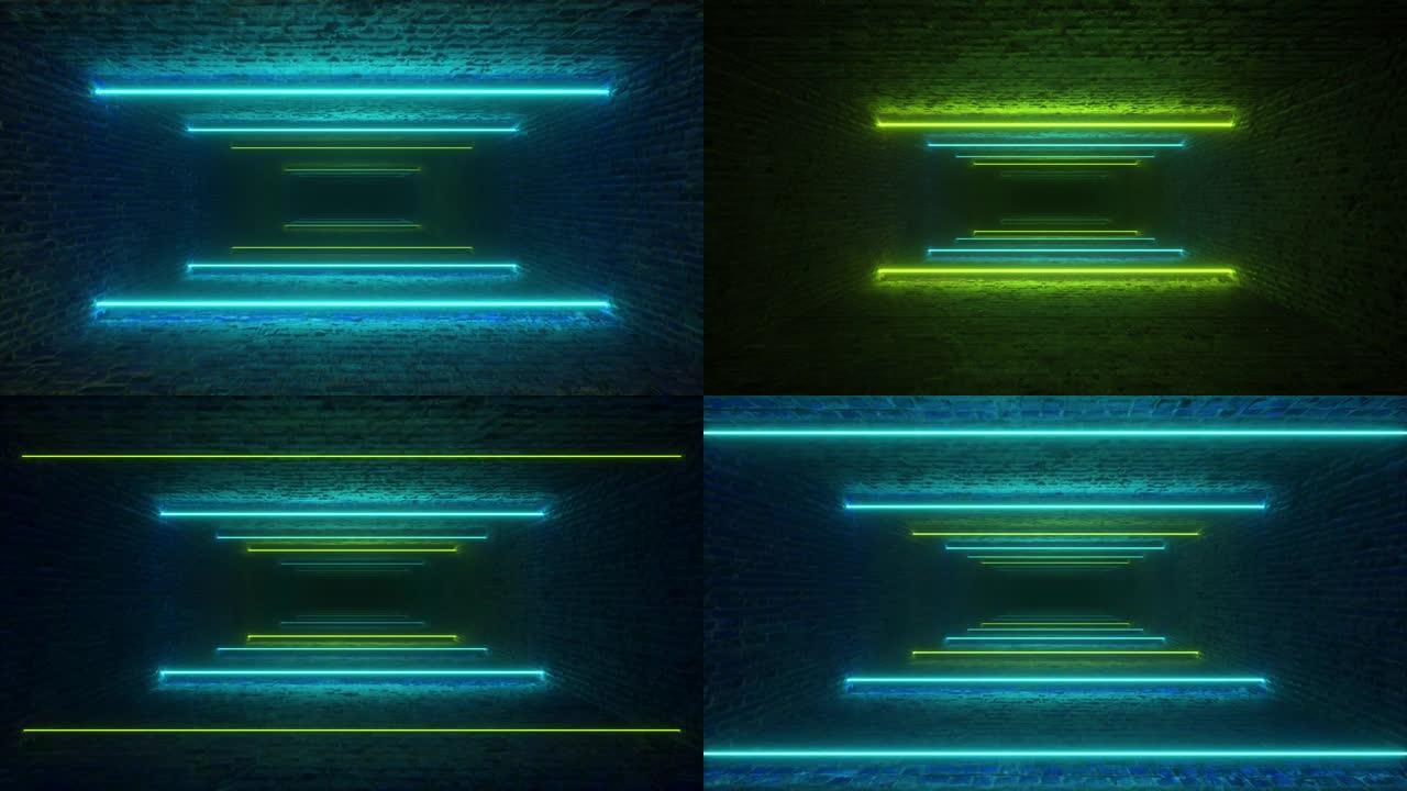 飞过发光的霓虹灯线创造砖隧道，绿色蓝色光谱，荧光紫外线，现代七彩照明，4k无缝循环cg动画