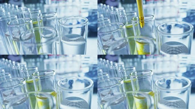 制药实验室: 多个移液器将黄色和蓝色液体滴入试管，医学研究和分析。产品线; 滴管填充用于DNA研究的