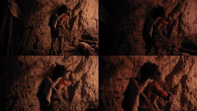 原始的史前尼安德特人穿着动物皮在夜间绘制动物并在墙壁上抽象。用岩画创造第一个洞穴艺术，用火照亮的岩画
