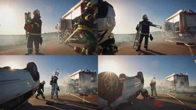 消防员救援队乘坐消防车抵达车祸现场。消防员抓住他们的设备，从消防车上准备消防水带和装备。慢动作