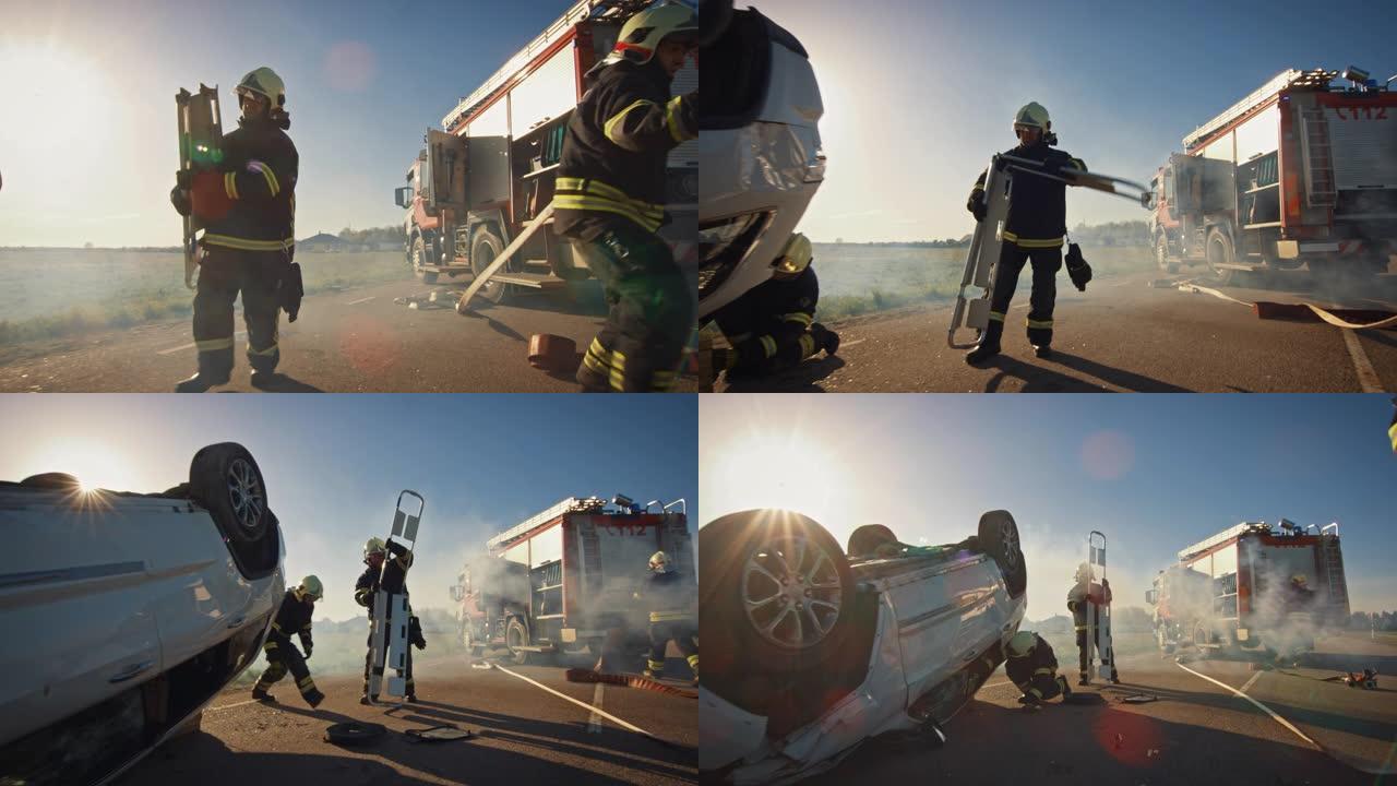 消防员救援队乘坐消防车抵达车祸现场。消防员抓住他们的设备，从消防车上准备消防水带和装备。慢动作