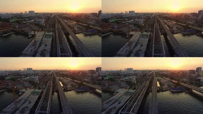 桥梁施工现场的空中日落视图拍摄