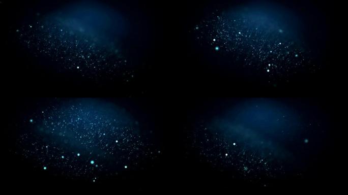 抽象粒子无缝飞走。黑色背景上移动灰尘发光的循环3d动画，散景模糊。