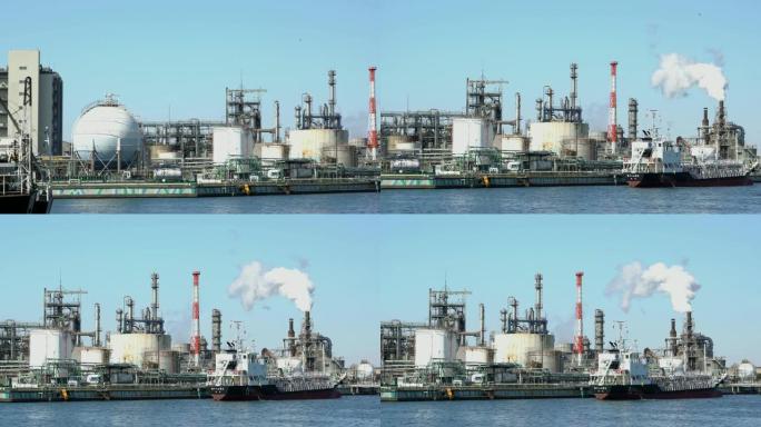 化工厂和货船油轮工作的平移镜头