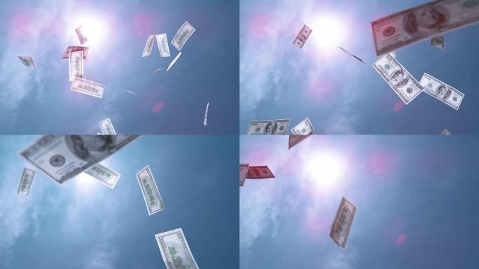 慢动作特写: 钱从蓝天上掉下来的一百美元钞票