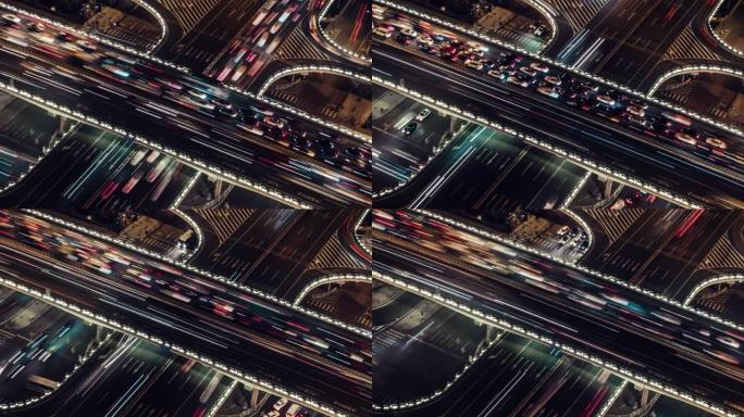 夜间立交桥和城市交通的T/L PAN鸟瞰图/中国北京