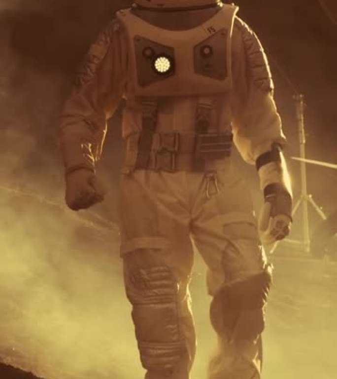 火星上的宇航员在探索探险中行走。在他的基地/研究站的背景下。首次载人火星任务。太空探索。垂直屏幕方向