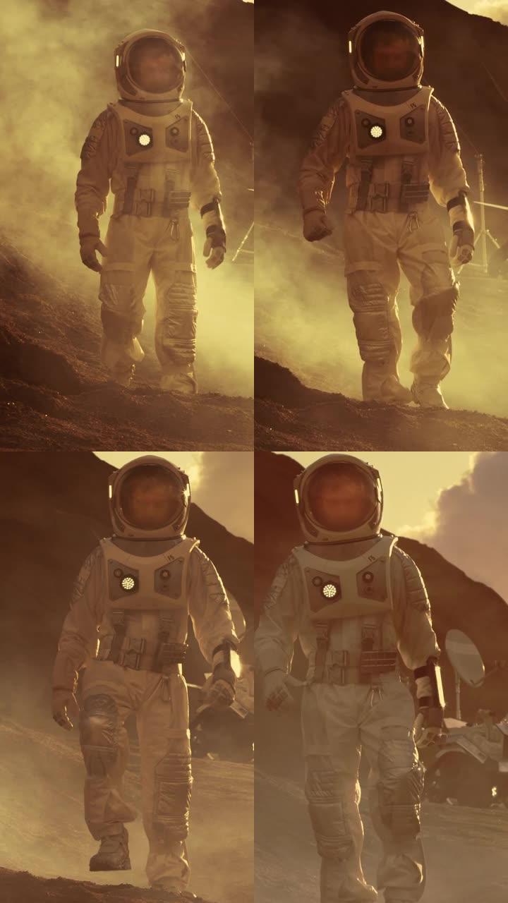 火星上的宇航员在探索探险中行走。在他的基地/研究站的背景下。首次载人火星任务。太空探索。垂直屏幕方向
