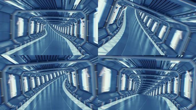 美丽的抽象隧道飞行通过无缝。在未来宇宙飞船隧道中飞行循环3d动画CG。未来主义技术概念。
