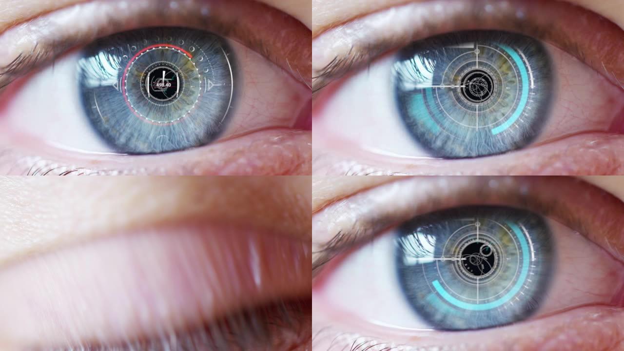 高科技未来虚拟现实的年轻男性蓝眼睛慢动作，用于人身安全扫描。