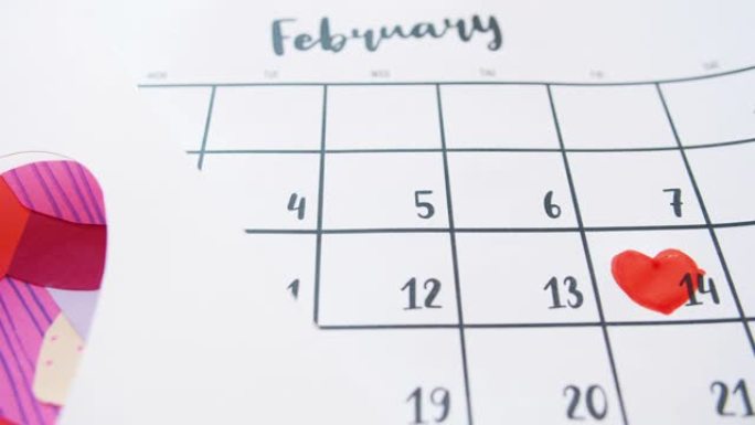 2月14日日期和情人节卡片前后心形日历特写