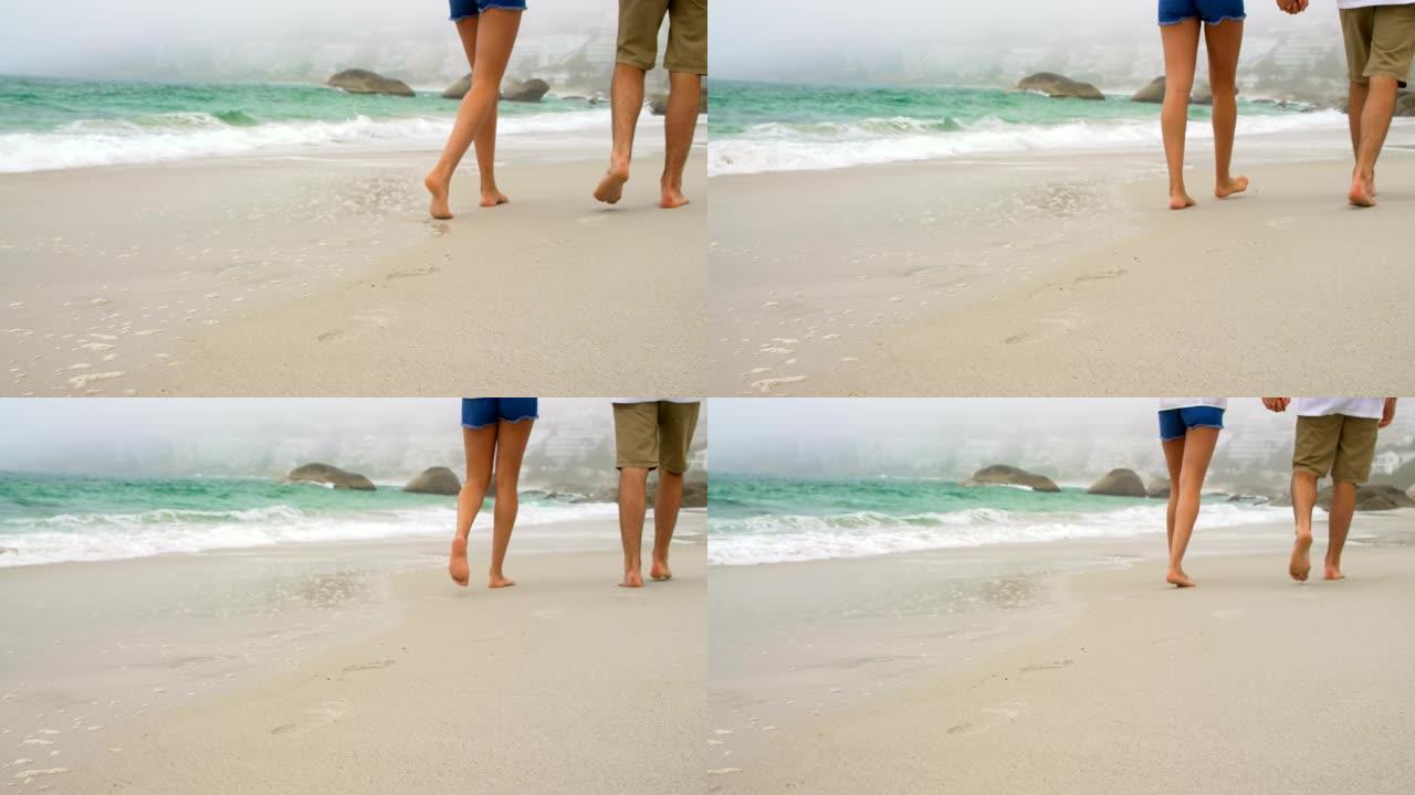 低矮的情侣手拉手在海滩上散步4k