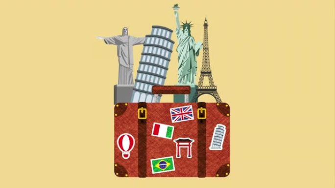 带套装旅行物品动画的手提箱