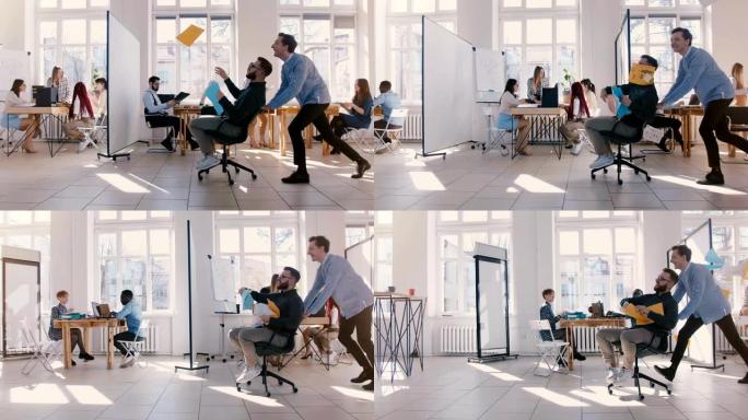 多莉 (Dolly) 拍摄的疯狂有趣的商人沿着办公厅骑着办公椅，庆祝并向空中扔纸。