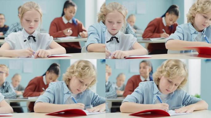 学校里一排聪明的小孩在练习笔记本上写作，参加考试。各种聪明的孩子在笔记本上写作的初级教室。侧视图移动
