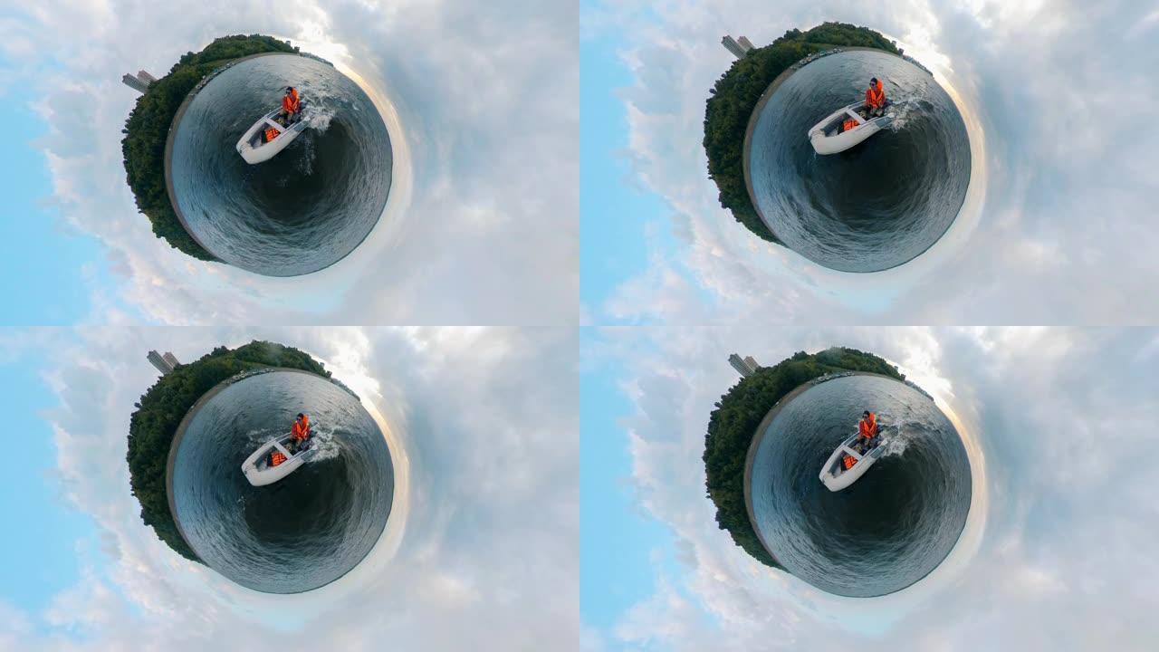 一名男子在360度全景中乘坐充气船