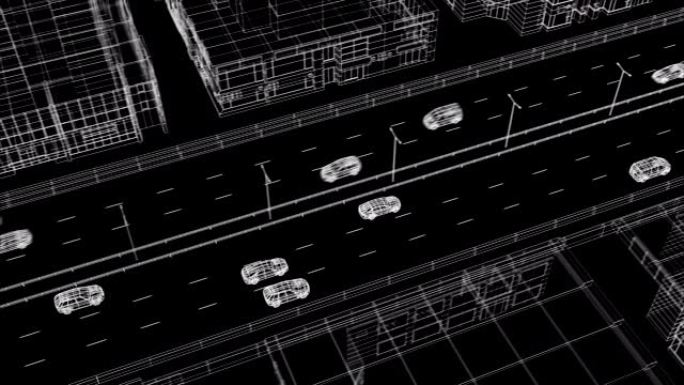 美丽的3d动画数字汽车在抽象的高速公路上行驶，城市建筑环境黑色背景。动画蓝图。未来运输技术概念。