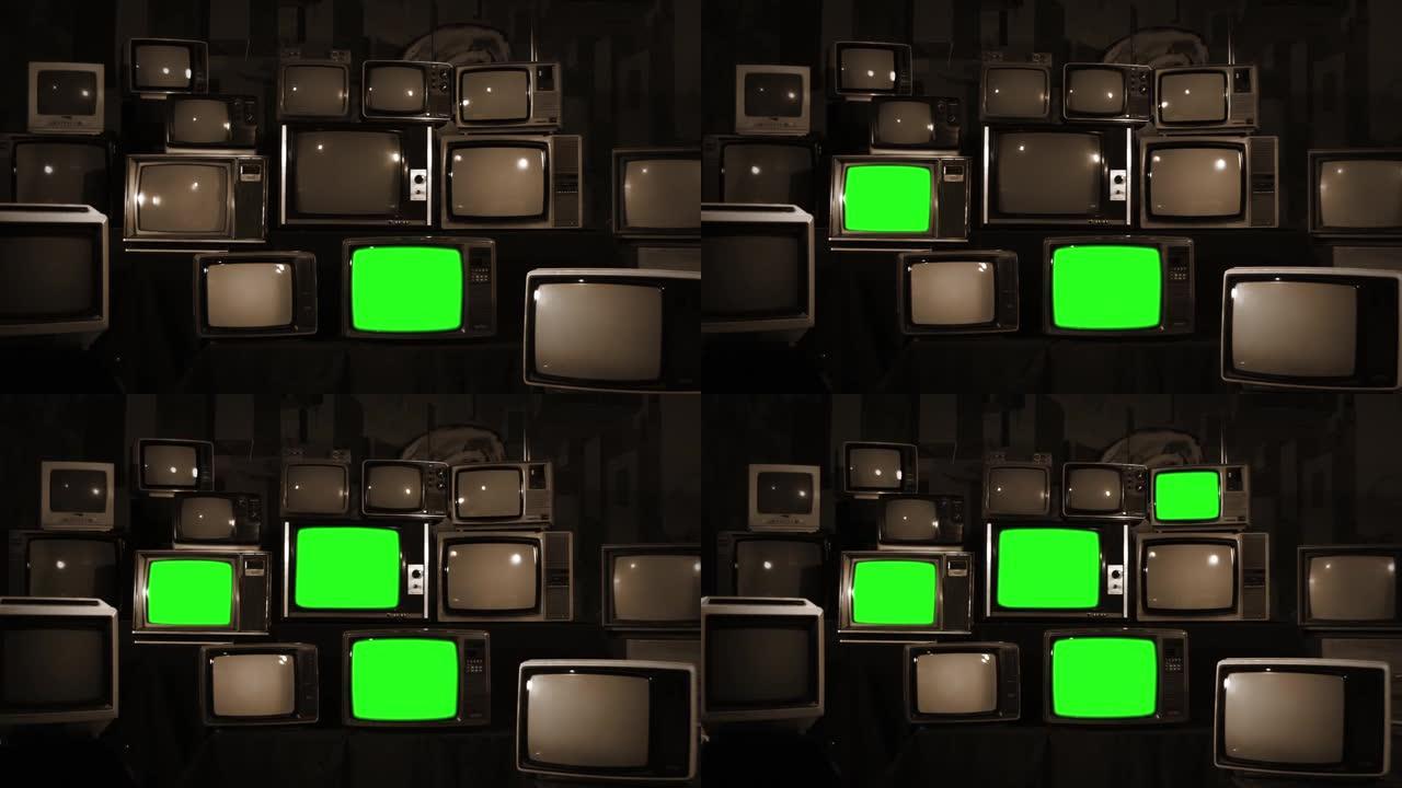 老式80年代绿屏电视。快速缩小。棕褐色色调。