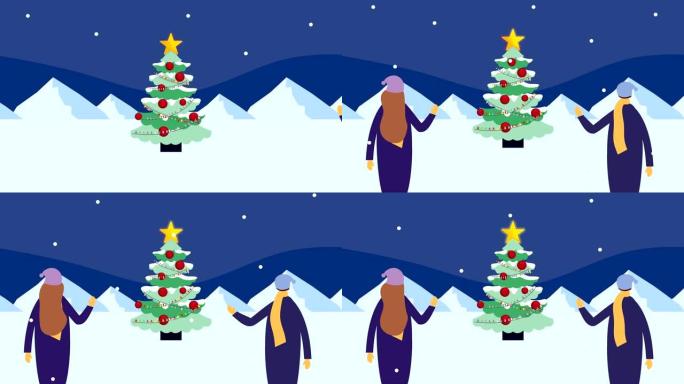 快乐快乐的圣诞树和雪景中的人
