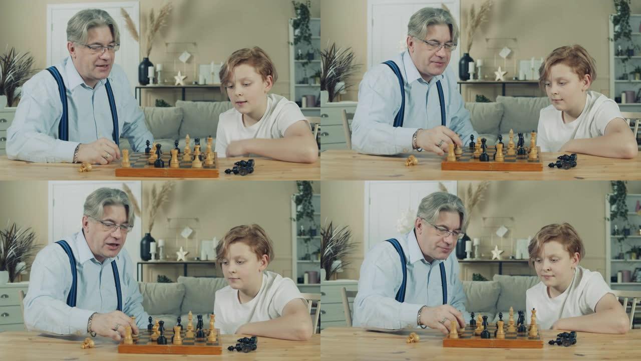 爷爷正在向他十几岁的孙子解释象棋